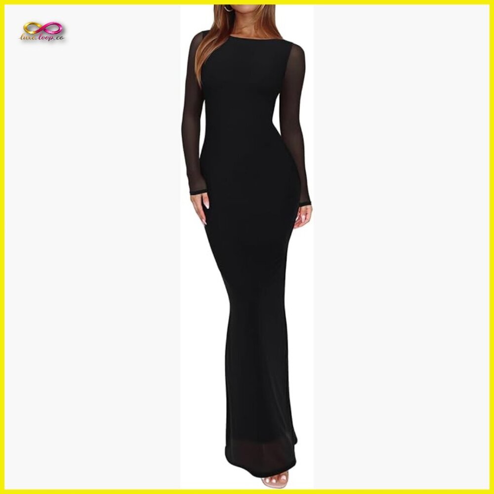 Mesh Sheer Long Sleeve Bodycon Maxi Dress Floral Print Wedding Guest Party